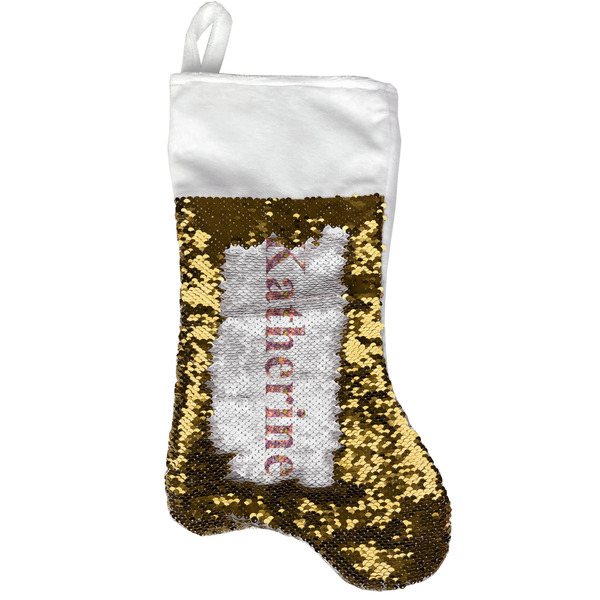 Custom Birds & Hearts Reversible Sequin Stocking - Gold (Personalized)