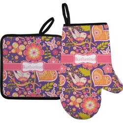 Birds & Hearts Right Oven Mitt & Pot Holder Set w/ Name or Text