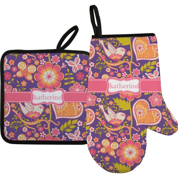 Custom Birds & Hearts Oven Mitt & Pot Holder Set w/ Name or Text