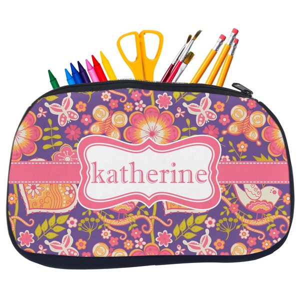 Custom Birds & Hearts Neoprene Pencil Case - Medium w/ Name or Text