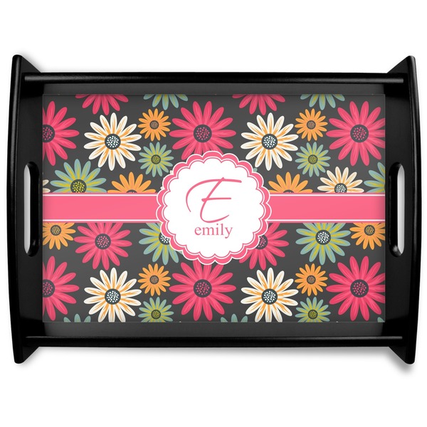 Custom Daisies Black Wooden Tray - Large (Personalized)