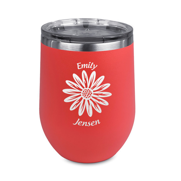 Custom Daisies Stemless Stainless Steel Wine Tumbler - Coral - Double Sided (Personalized)