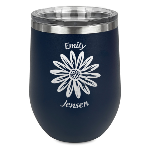 Custom Daisies Stemless Stainless Steel Wine Tumbler - Navy - Double Sided (Personalized)