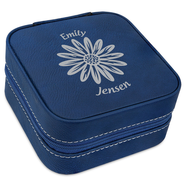 Custom Daisies Travel Jewelry Box - Navy Blue Leather (Personalized)