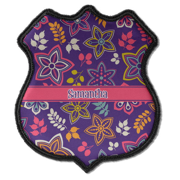 Custom Simple Floral Iron On Shield Patch C w/ Name or Text