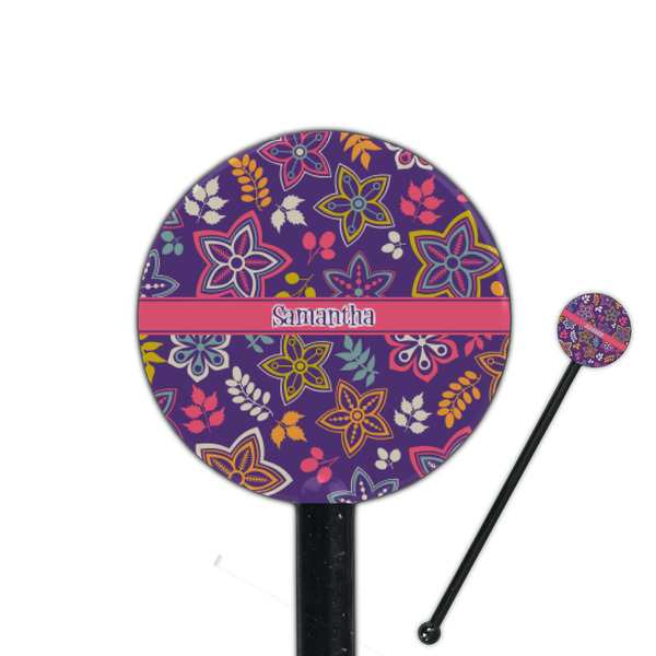 Custom Simple Floral 5.5" Round Plastic Stir Sticks - Black - Single Sided (Personalized)