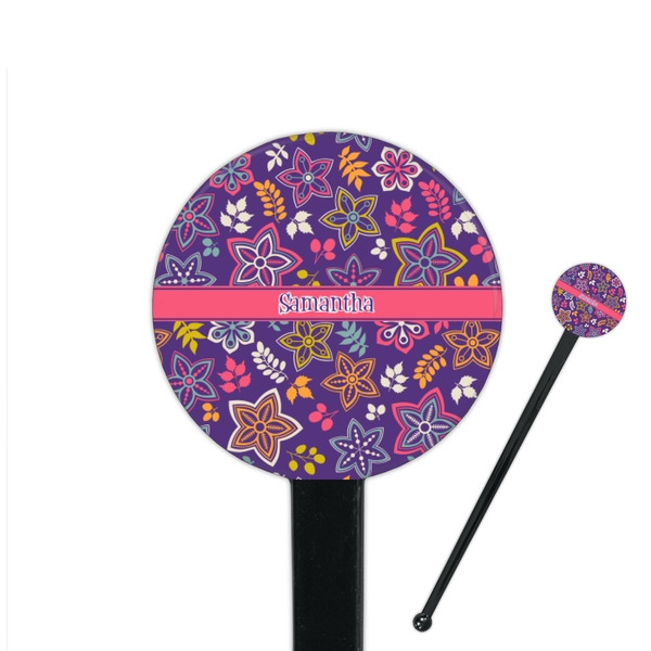 Custom Simple Floral 7" Round Plastic Stir Sticks - Black - Double Sided (Personalized)