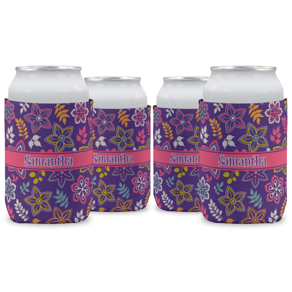 Custom Simple Floral Can Cooler (12 oz) - Set of 4 w/ Name or Text