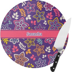 Simple Floral Round Glass Cutting Board - Medium (Personalized)