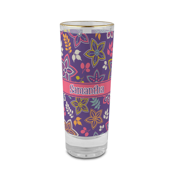 Custom Simple Floral 2 oz Shot Glass -  Glass with Gold Rim - Single (Personalized)