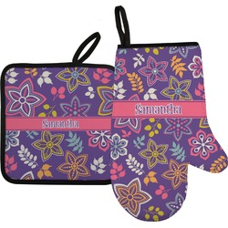 Simple Floral Right Oven Mitt & Pot Holder Set w/ Name or Text