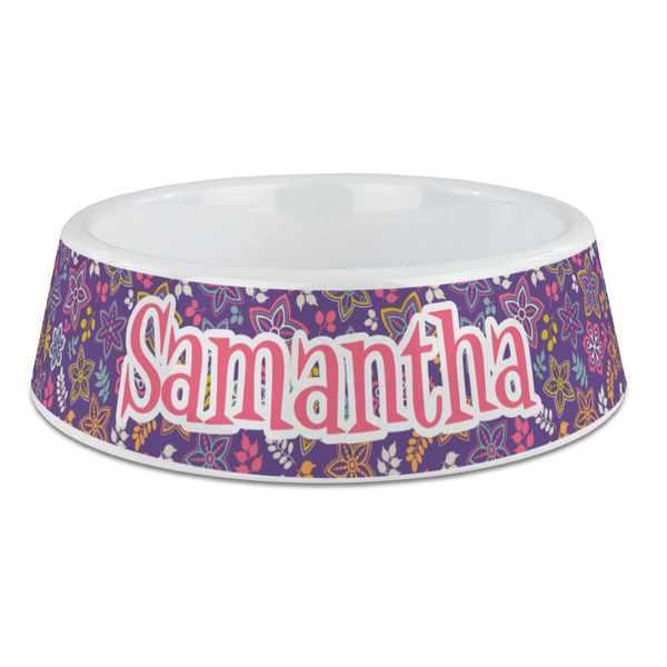 Custom Simple Floral Plastic Dog Bowl - Large (Personalized)