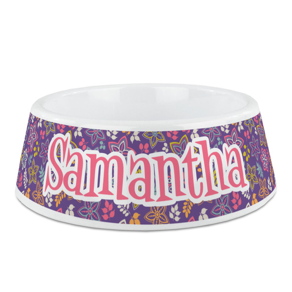 Custom Simple Floral Plastic Dog Bowl - Medium (Personalized)