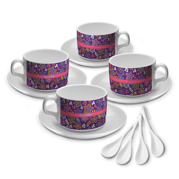 Custom Simple Floral Tea Cup - Set of 4 (Personalized)