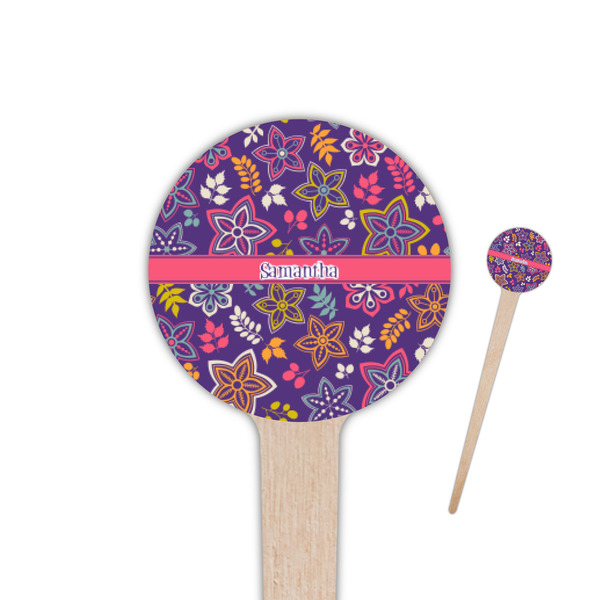 Custom Simple Floral 4" Round Wooden Food Picks - Single Sided (Personalized)