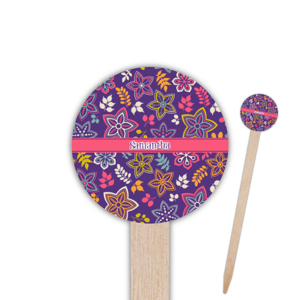 Custom Simple Floral 6" Round Wooden Food Picks - Double Sided (Personalized)