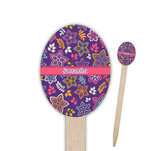 Custom Simple Floral Oval Wooden Food Picks - Single Sided (Personalized)
