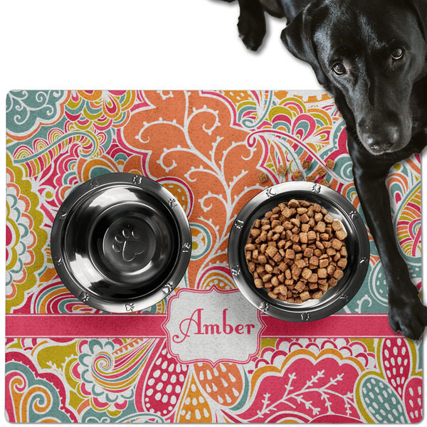 Custom Abstract Foliage Dog Food Mat - Large w/ Name or Text