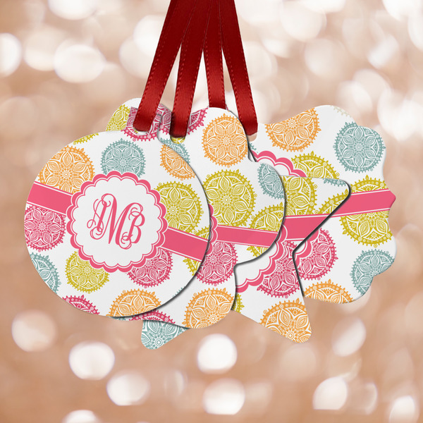 Custom Doily Pattern Metal Ornaments - Double Sided w/ Monogram