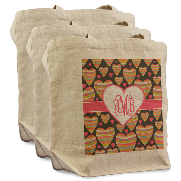 Custom Hearts Reusable Cotton Grocery Bags - Set of 3 (Personalized)