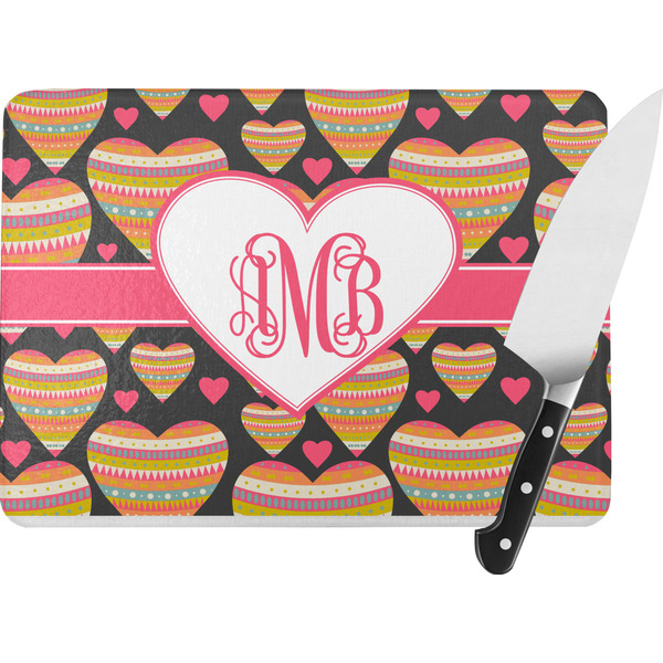 Custom Hearts Rectangular Glass Cutting Board - Large - 15.25"x11.25" w/ Monograms