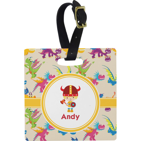 Custom Dragons Plastic Luggage Tag - Square w/ Name or Text