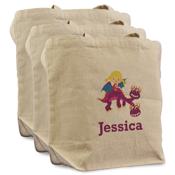 Custom Girl Flying on a Dragon Reusable Cotton Grocery Bags - Set of 3 (Personalized)