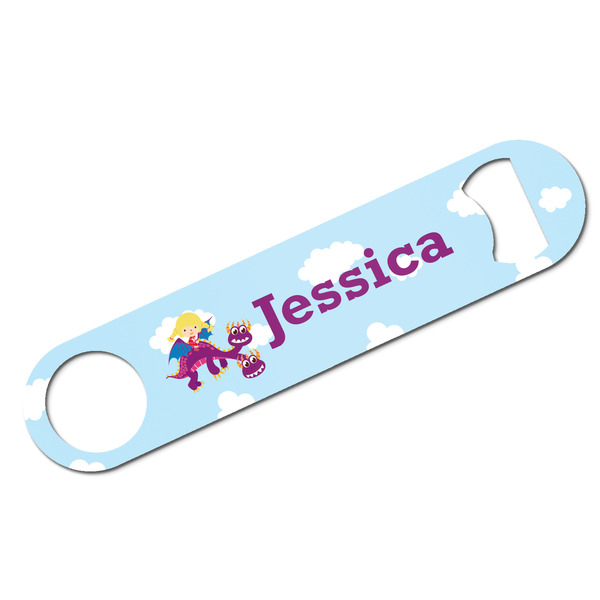 Custom Girl Flying on a Dragon Bar Bottle Opener - White w/ Name or Text