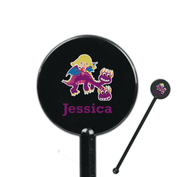 Custom Girl Flying on a Dragon 5.5" Round Plastic Stir Sticks - Black - Double Sided (Personalized)