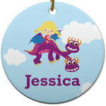 Girl Flying on a Dragon Round Ceramic Ornament w/ Name or Text