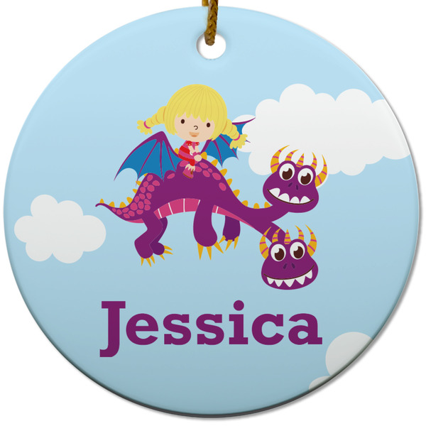 Custom Girl Flying on a Dragon Round Ceramic Ornament w/ Name or Text