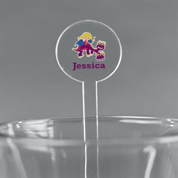 Custom Girl Flying on a Dragon 7" Round Plastic Stir Sticks - Clear (Personalized)