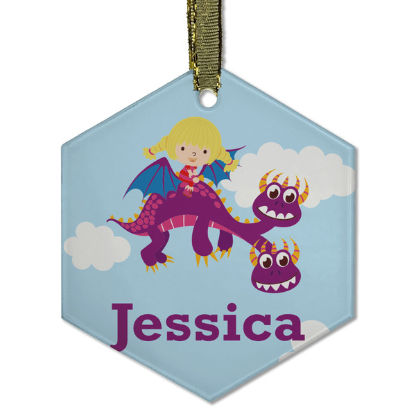 Custom Girl Flying on a Dragon Flat Glass Ornament - Hexagon w/ Name or Text