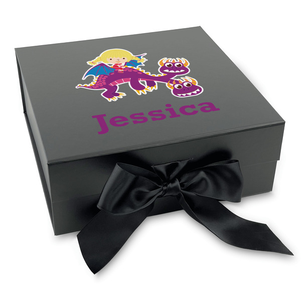 Custom Girl Flying on a Dragon Gift Box with Magnetic Lid - Black (Personalized)