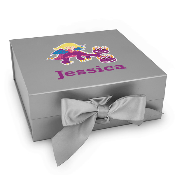 Custom Girl Flying on a Dragon Gift Box with Magnetic Lid - Silver (Personalized)