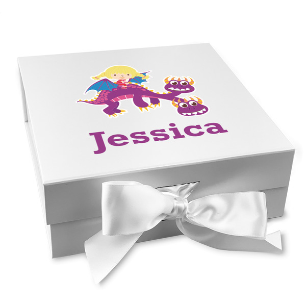 Custom Girl Flying on a Dragon Gift Box with Magnetic Lid - White (Personalized)