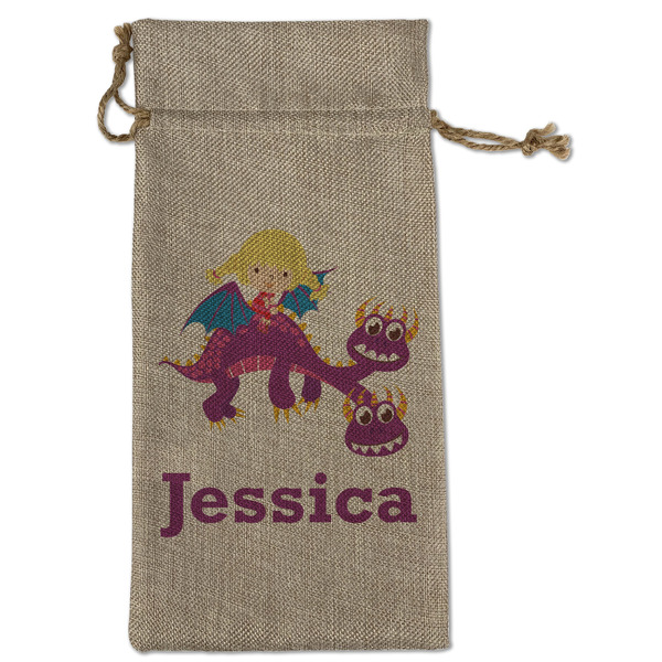 Custom Girl Flying on a Dragon Large Burlap Gift Bag - Front (Personalized)