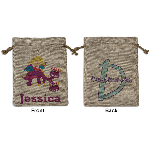 Custom Girl Flying on a Dragon Medium Burlap Gift Bag - Front & Back (Personalized)