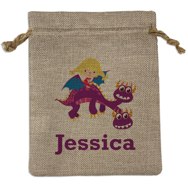 Custom Girl Flying on a Dragon Medium Burlap Gift Bag - Front (Personalized)