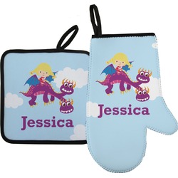 Girl Flying on a Dragon Right Oven Mitt & Pot Holder Set w/ Name or Text