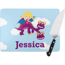 Girl Flying on a Dragon Rectangular Glass Cutting Board - Medium - 11"x8" (Personalized)