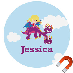 Girl Flying on a Dragon Round Car Magnet - 6" (Personalized)