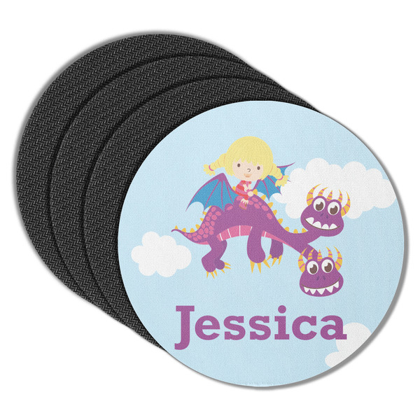 Custom Girl Flying on a Dragon Round Rubber Backed Coasters - Set of 4 (Personalized)