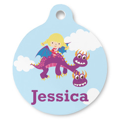 Girl Flying on a Dragon Round Pet ID Tag - Large (Personalized)