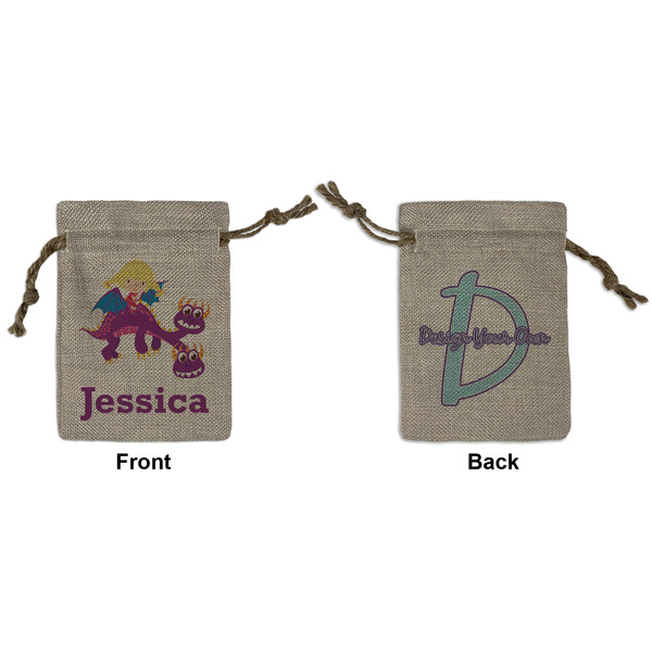 Custom Girl Flying on a Dragon Small Burlap Gift Bag - Front & Back (Personalized)