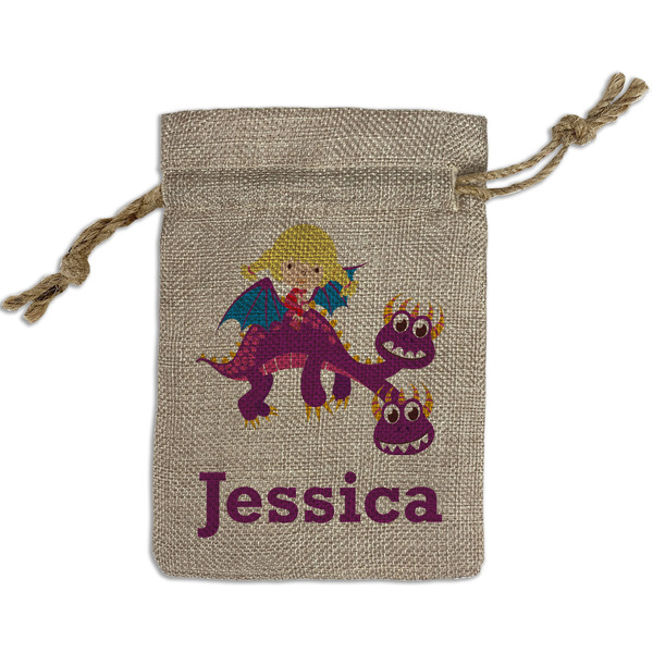 Custom Girl Flying on a Dragon Small Burlap Gift Bag - Front (Personalized)