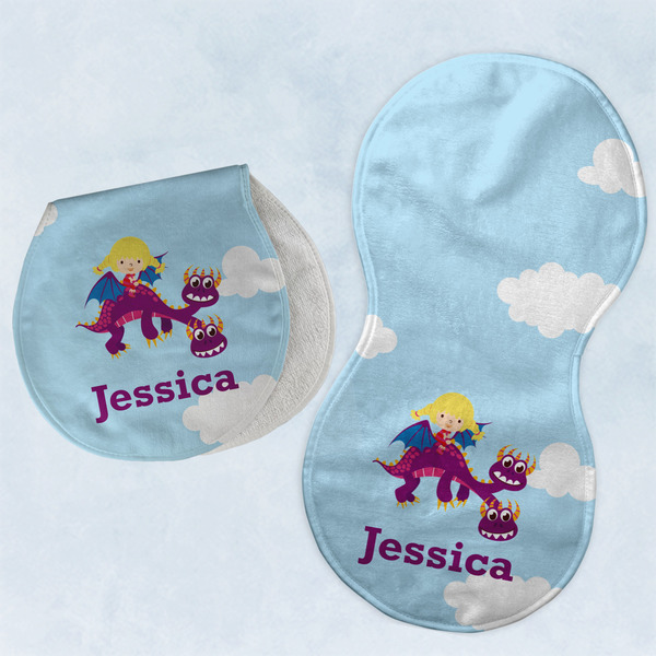 Custom Girl Flying on a Dragon Burp Pads - Velour - Set of 2 w/ Name or Text