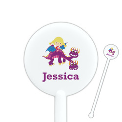 Girl Flying on a Dragon 5.5" Round Plastic Stir Sticks - White - Double Sided (Personalized)