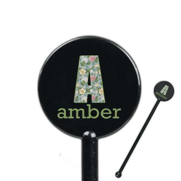 Custom Vintage Floral 5.5" Round Plastic Stir Sticks - Black - Single Sided (Personalized)