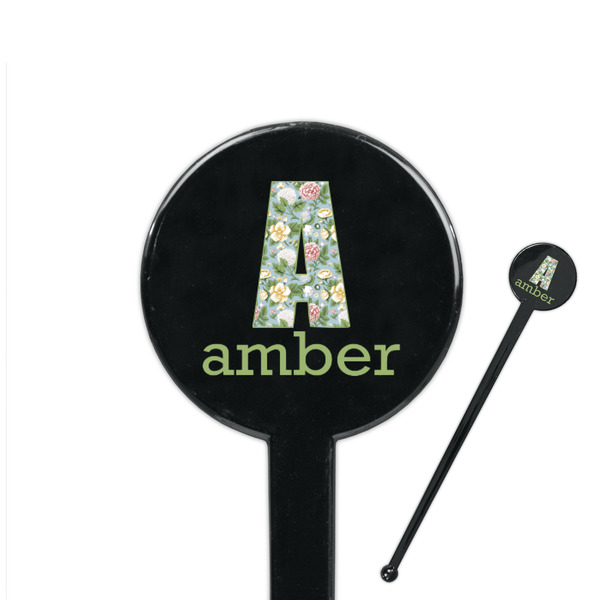 Custom Vintage Floral 7" Round Plastic Stir Sticks - Black - Single Sided (Personalized)